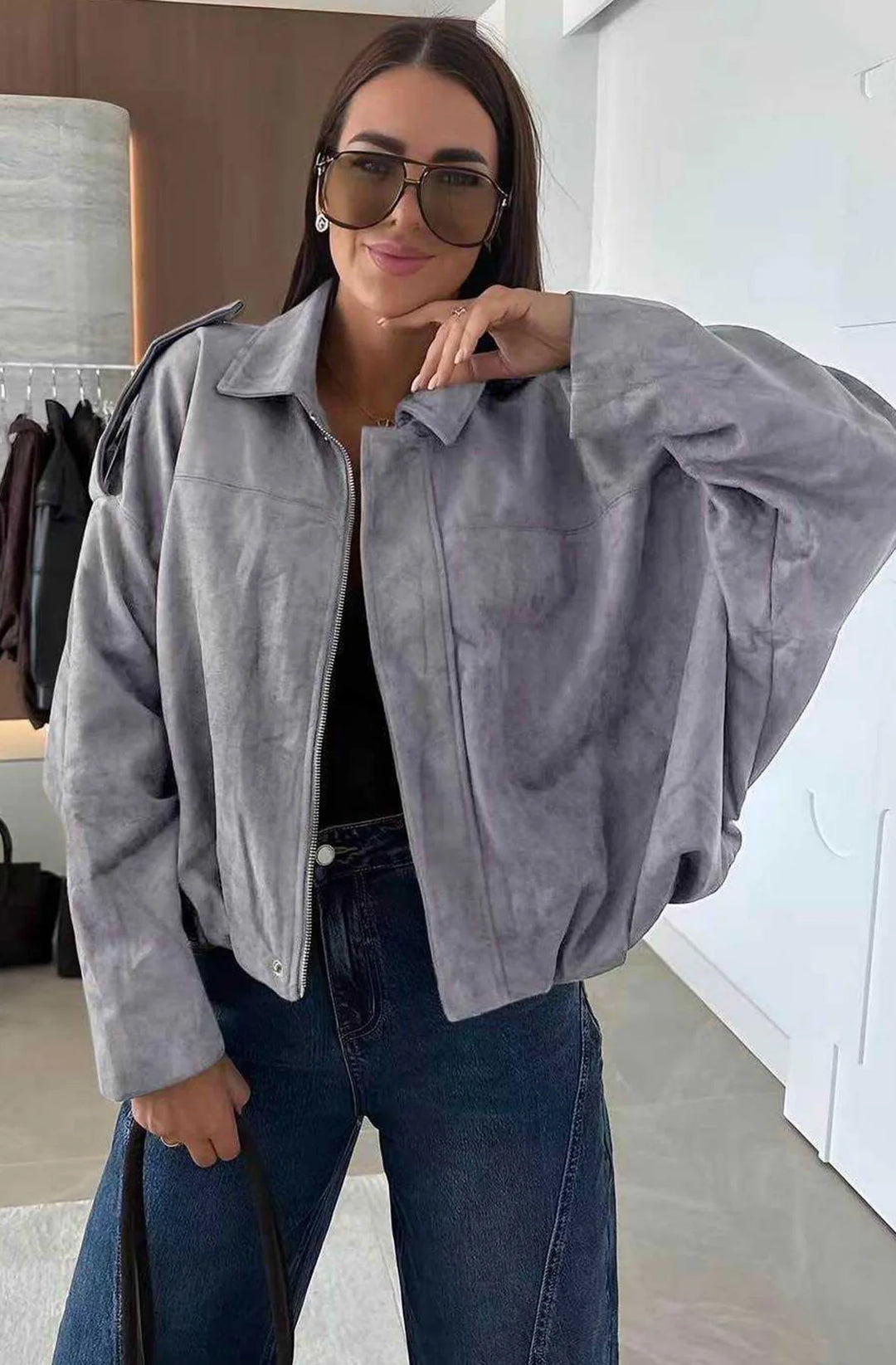 ANIKA OVERSIZED SUEDE BOMBER JACKET–GREY