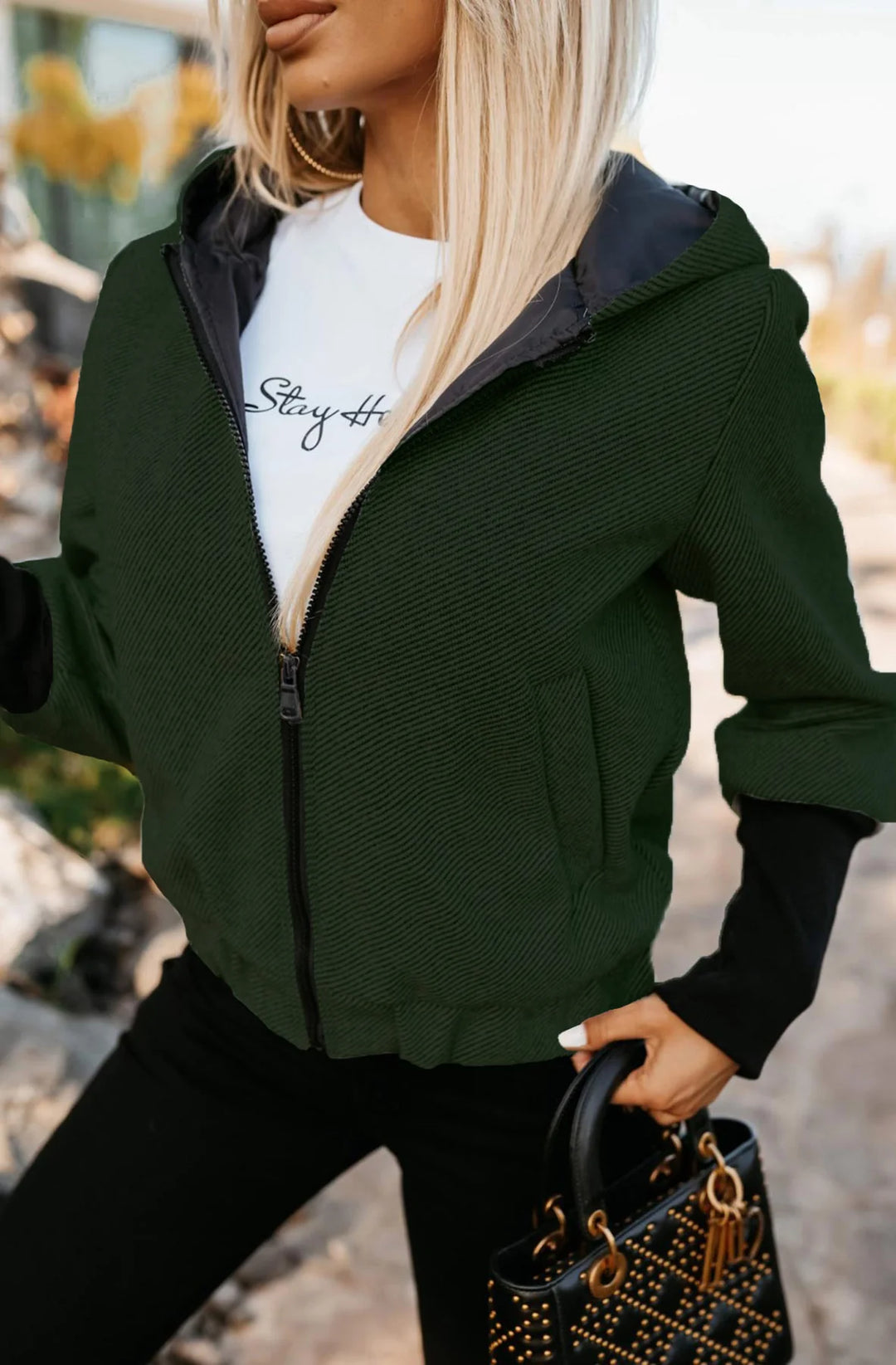 BRIANA CONTRAST HOODED BOMBER JACKET-KHAKI