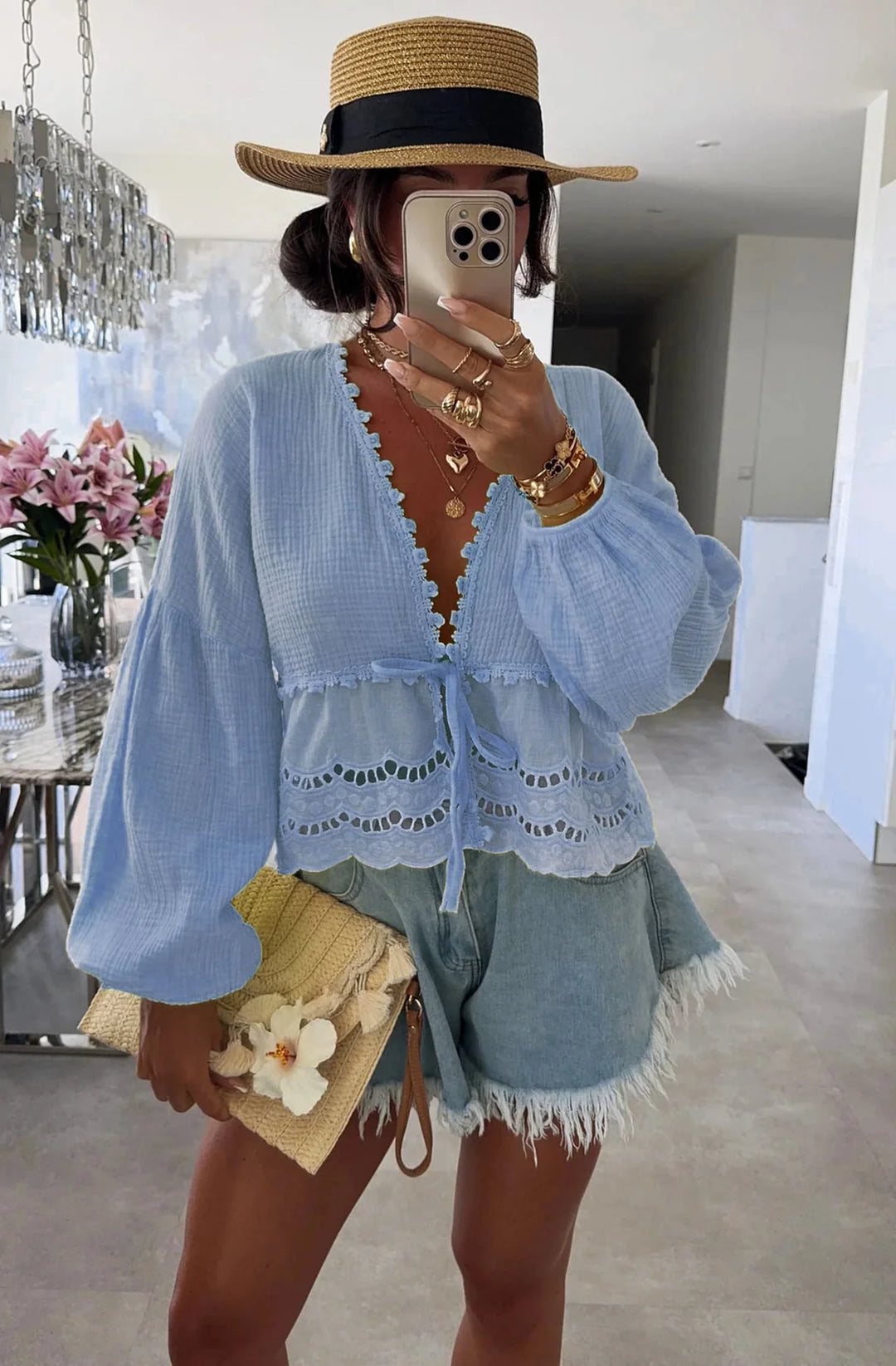 FREYA COTTON GAUZE STYLE FLORAL TIE-UP TOP-SKY BLUE