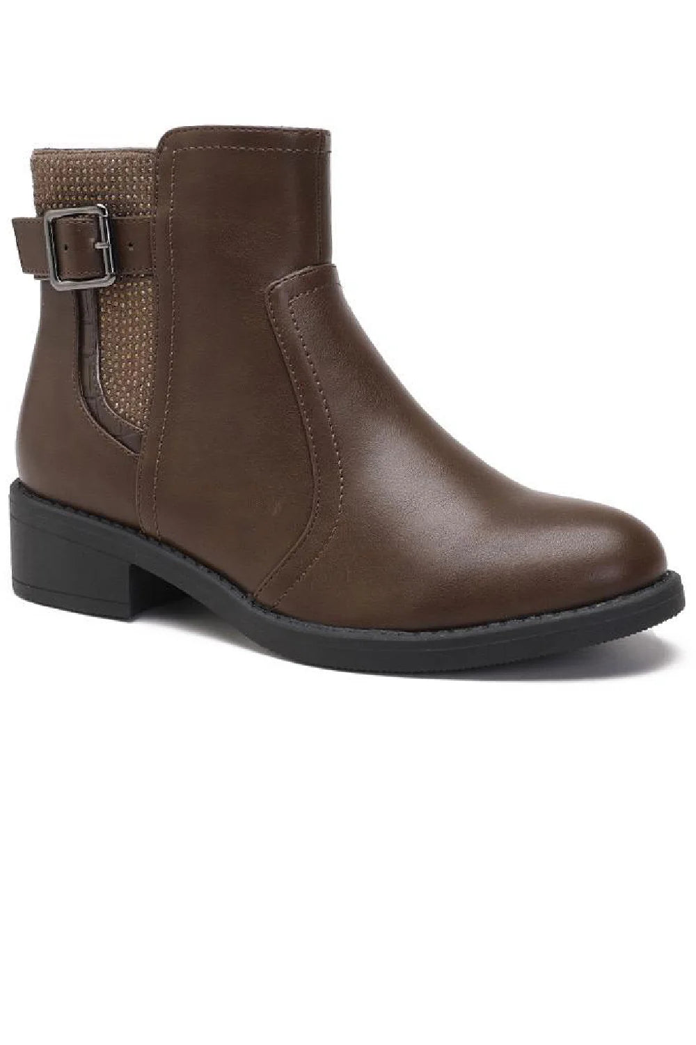 BROWN FLAT BUCKLE DIAMANTE DETAIL ELASTICATED CHELSEA ANKLE BOOTS (UK3 to UK6 Sizes)