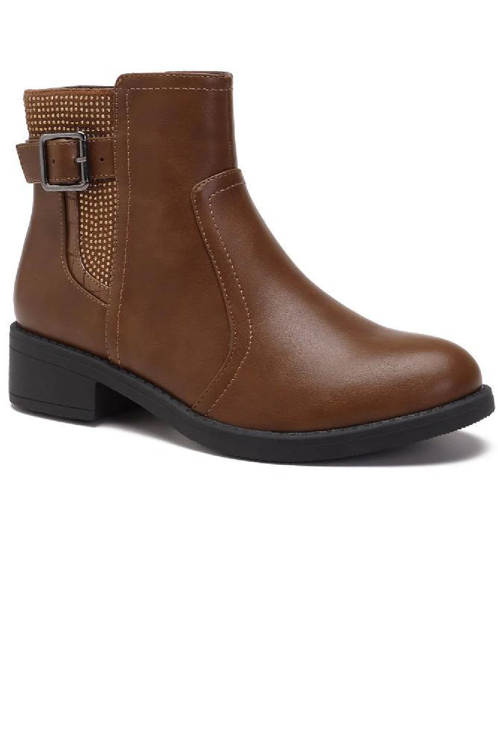 CAMEL FLAT BUCKLE DIAMANTE DETAIL ELASTICATED CHELSEA ANKLE BOOTS (UK3 to UK6 Sizes)