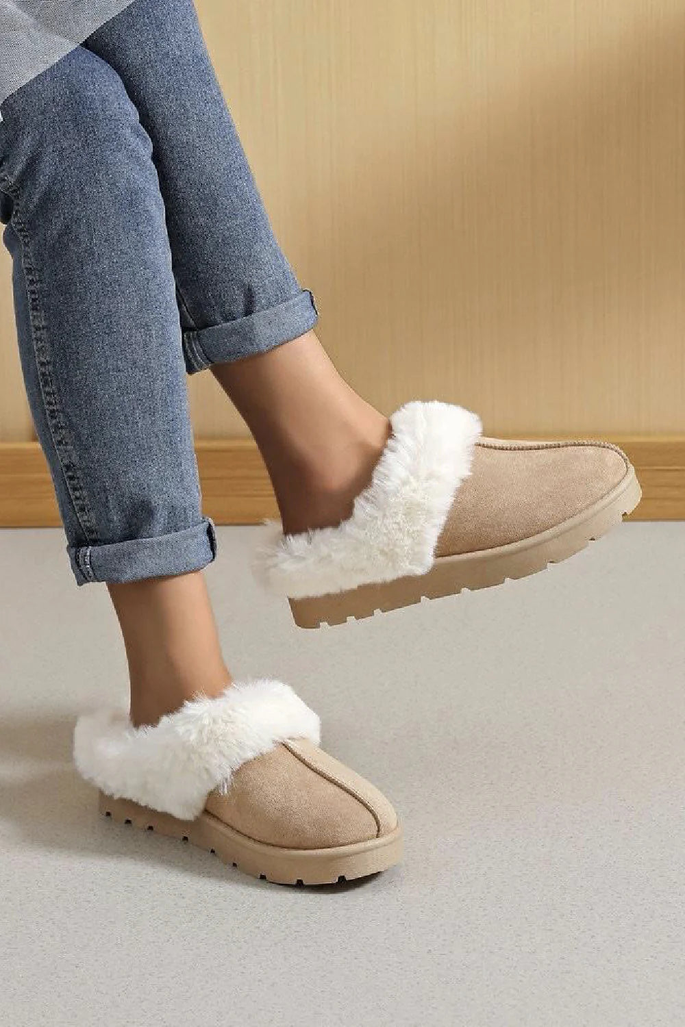 KHAKI FUAX FUR LINED COSY MULE SLIPPERS FLUFFY SHOES