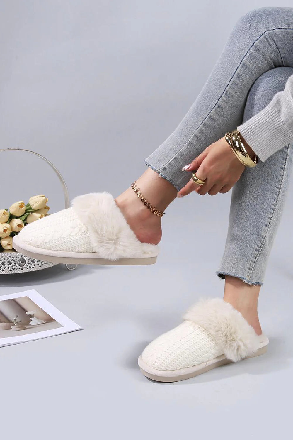 BEIGE FLUFFY FUAX FUR CABLE KNIT COSY MULE SLIPPERS SHOES