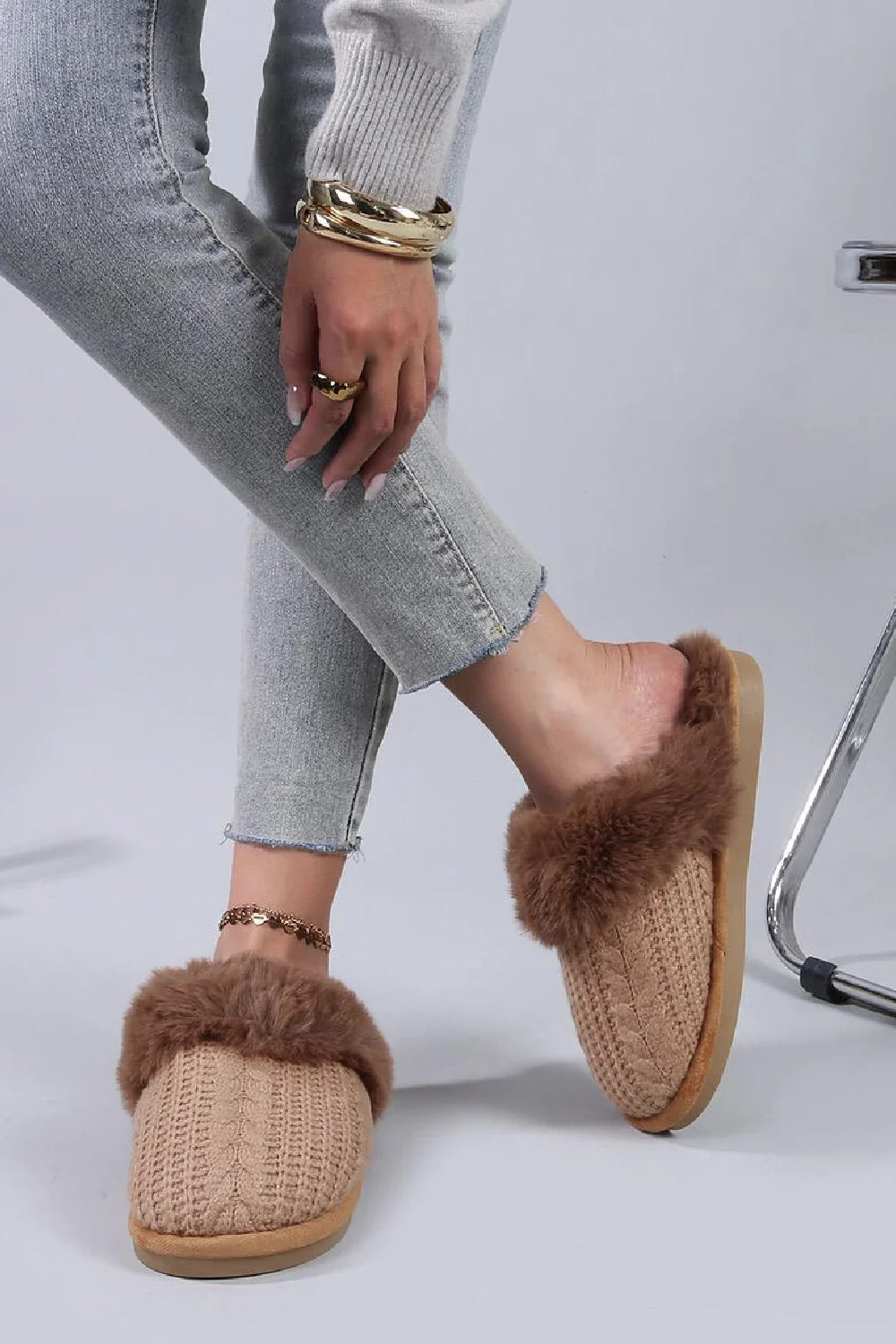 CAMEL FLUFFY FUAX FUR CABLE KNIT COSY MULE SLIPPERS SHOES