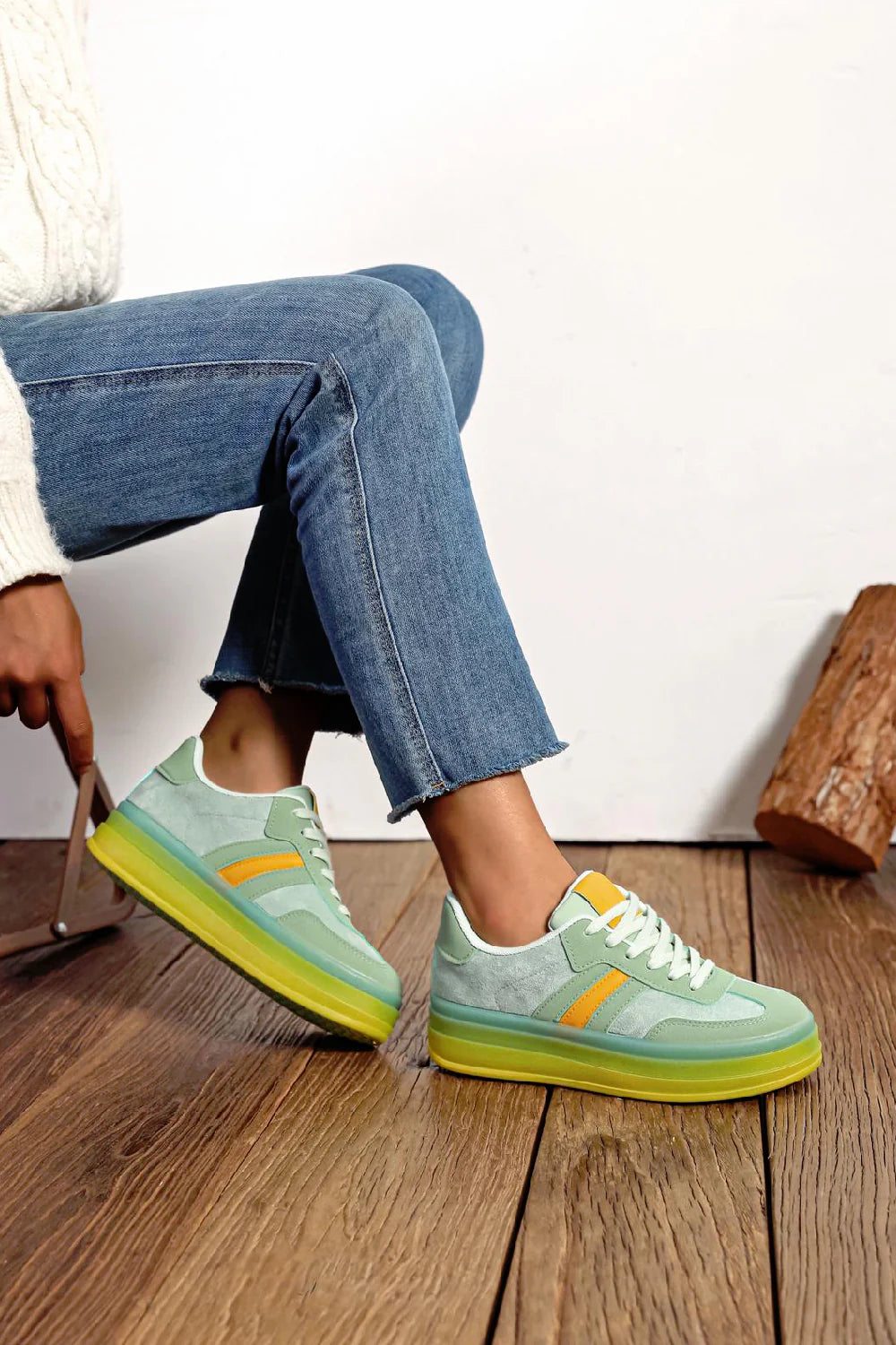 Women's Lace Up Chunky Side Detail Casual Fashion Designer Trainers in Light Green