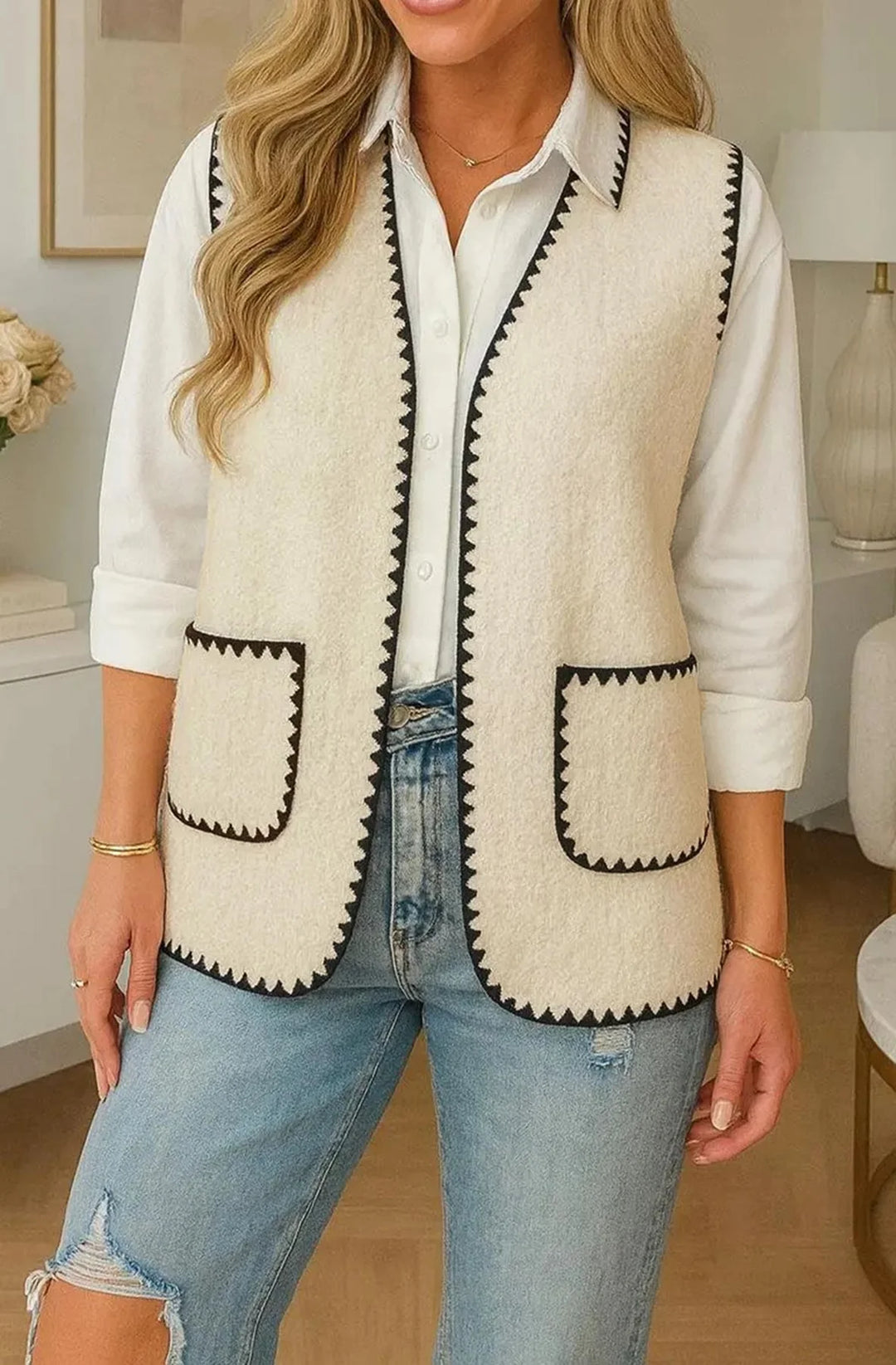 LOTTIE CONTRAST TRIM OPEN-FRONT GILET VEST-CREAM