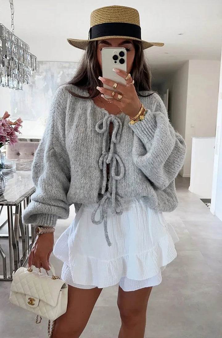 MEREDITH TIE-UP KNITTED CARDIGAN-GREY