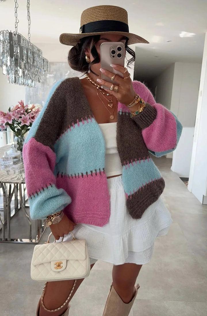 MIRAYA CONTRAST COLOUR BLOCK KNITTED CARDIGAN-BROWN