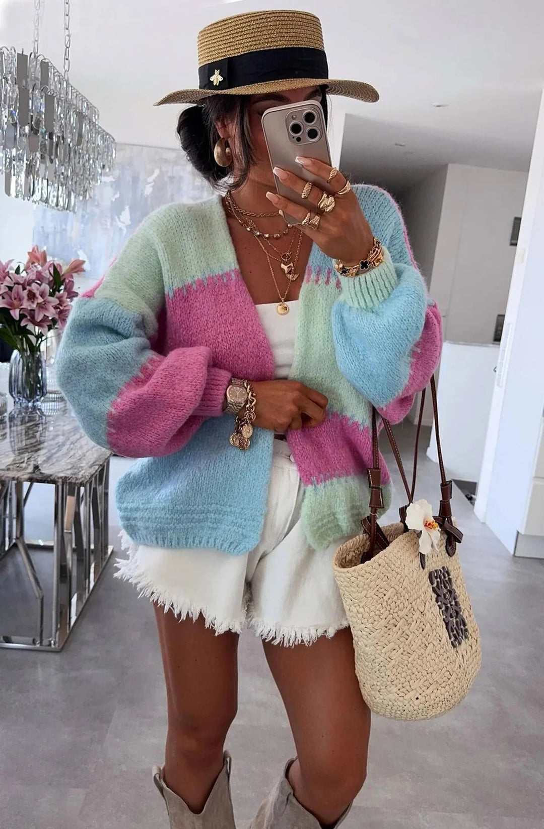 MIRAYA CONTRAST COLOUR BLOCK KNITTED CARDIGAN-MINT