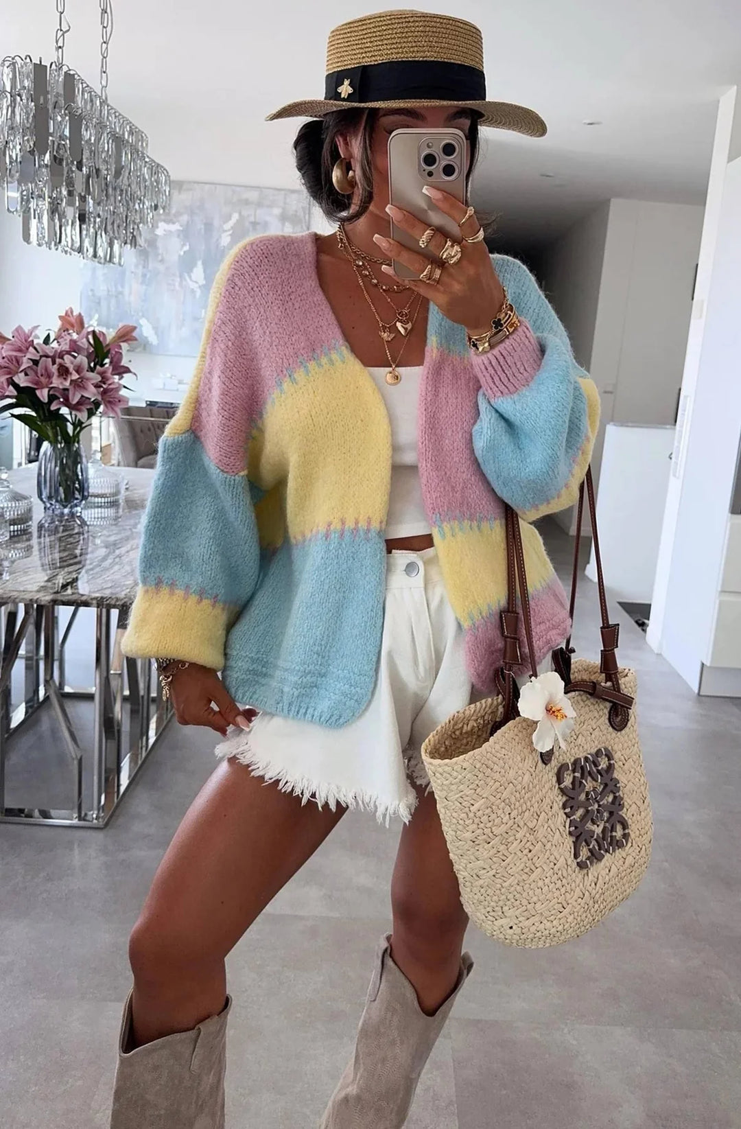 MIRAYA CONTRAST COLOUR BLOCK KNITTED CARDIGAN-YELLOW