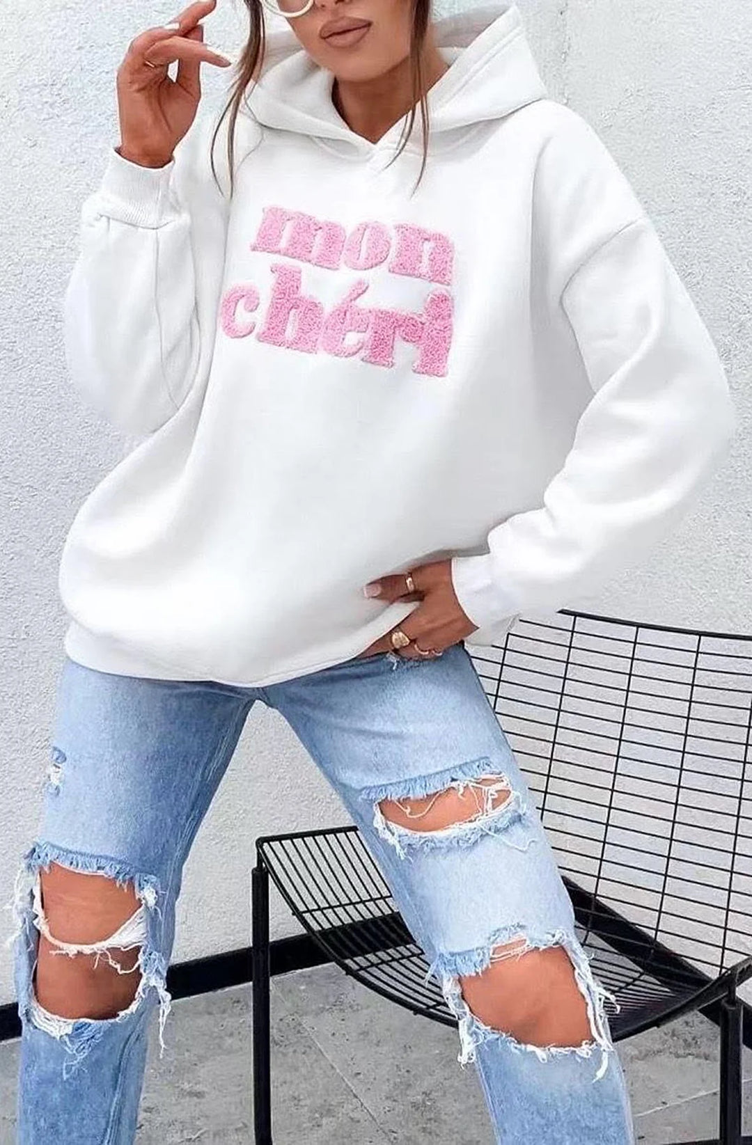 MON CHÉRI OVERSIZED HOODED SWEATSHIRT JUMPER-IVORY