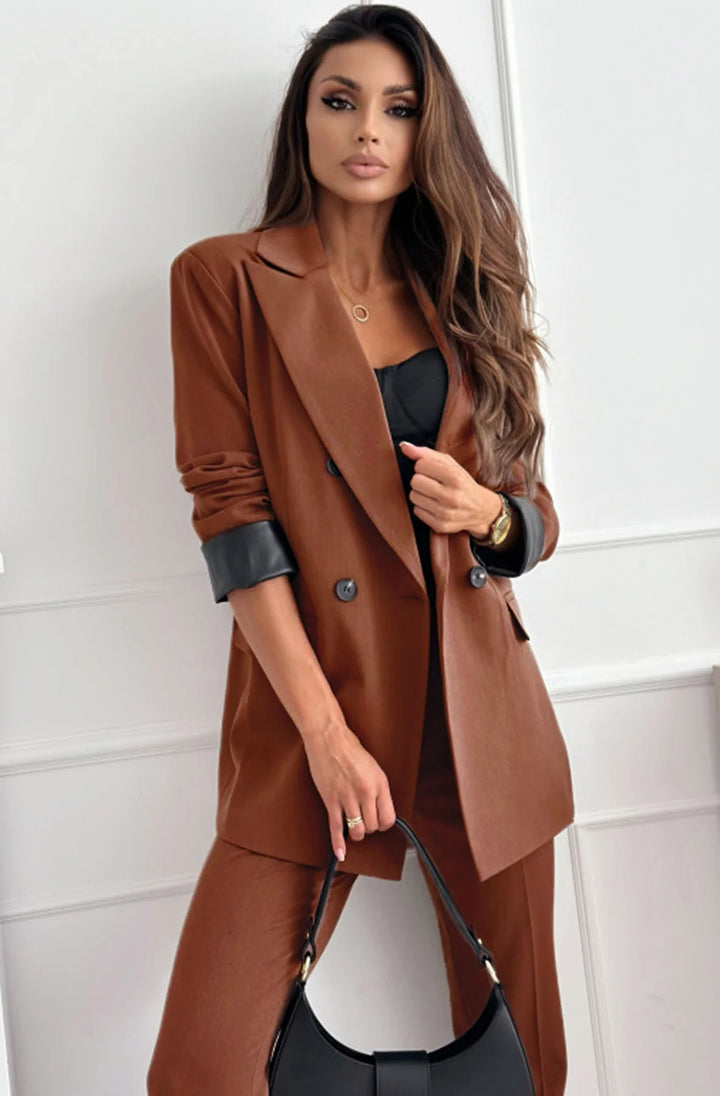 MYLA OVERSIZED FAUX LEATHER BLAZER JACKET-BROWN