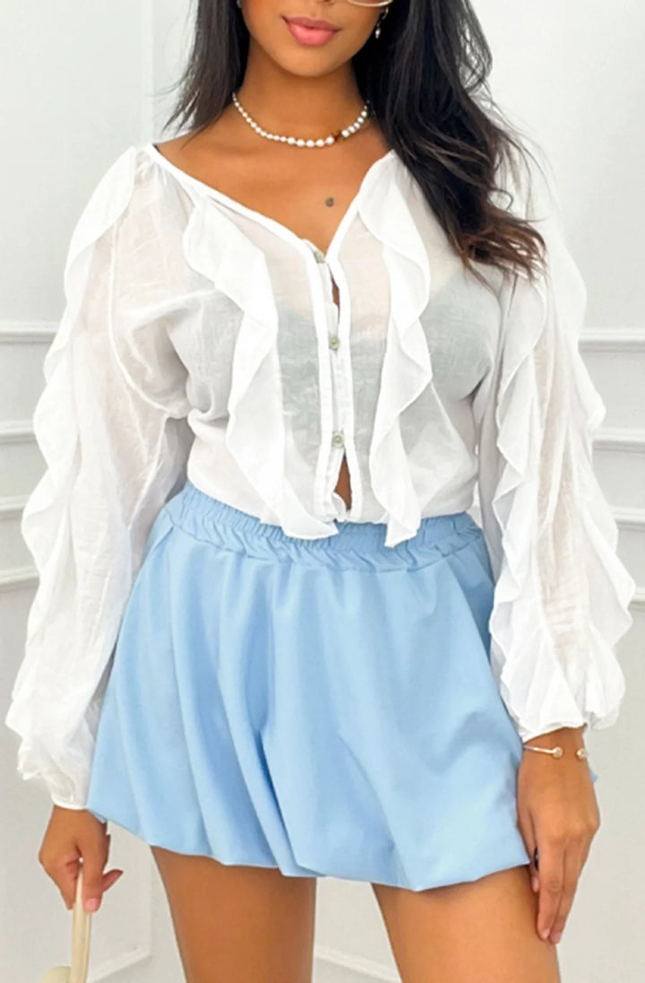 NATALIE PUFF BALL BALLOON MINI SKIRT-SKY BLUE