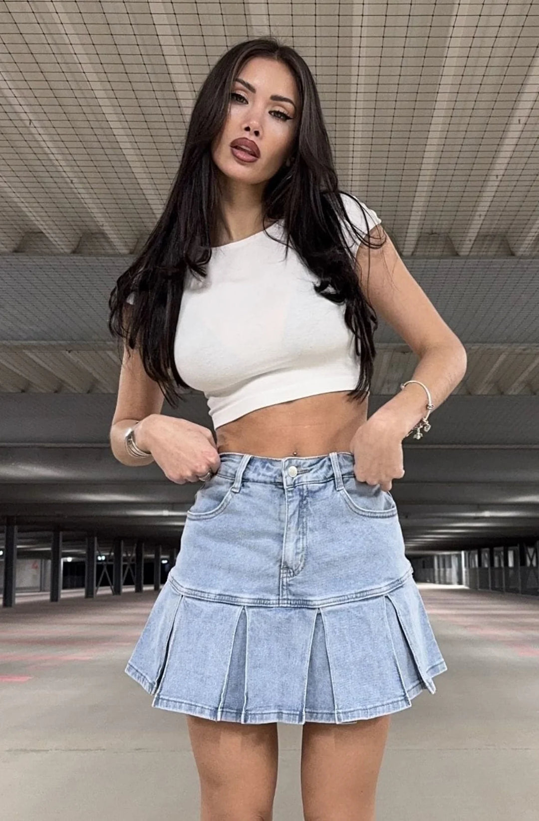 ORIANA FRILL DENIM MINI SKORT-LIGHT BLUE