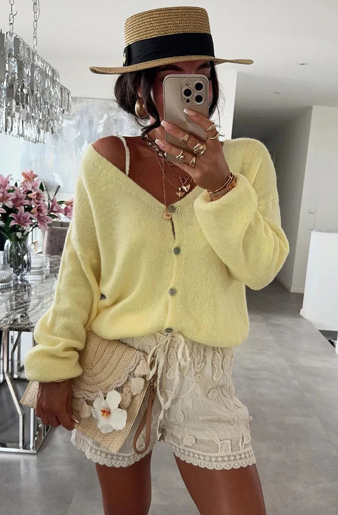 REBECCA LONG SLEEVES LIGHT KNITTED CARDIGAN-YELLOW