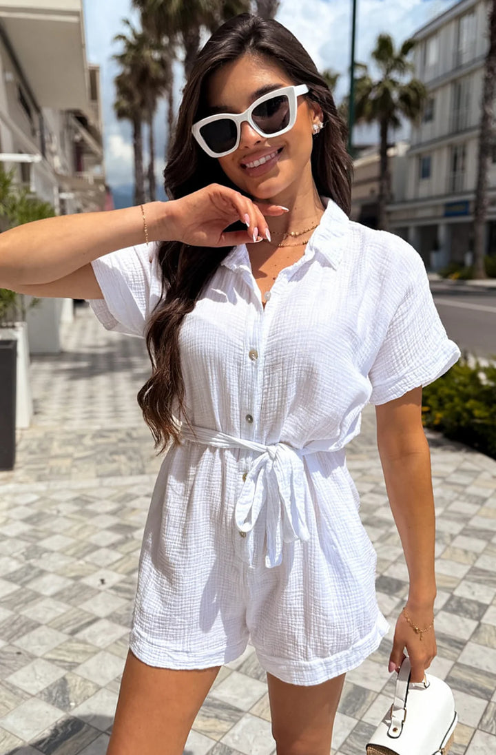 SALLIE BELTED COTTON GAUZE STYLE PLAYSUIT-IVORY