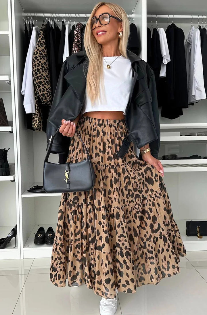 SANDRA LEOPARD PRINT TIERED MAXI SKIRT-BROWN