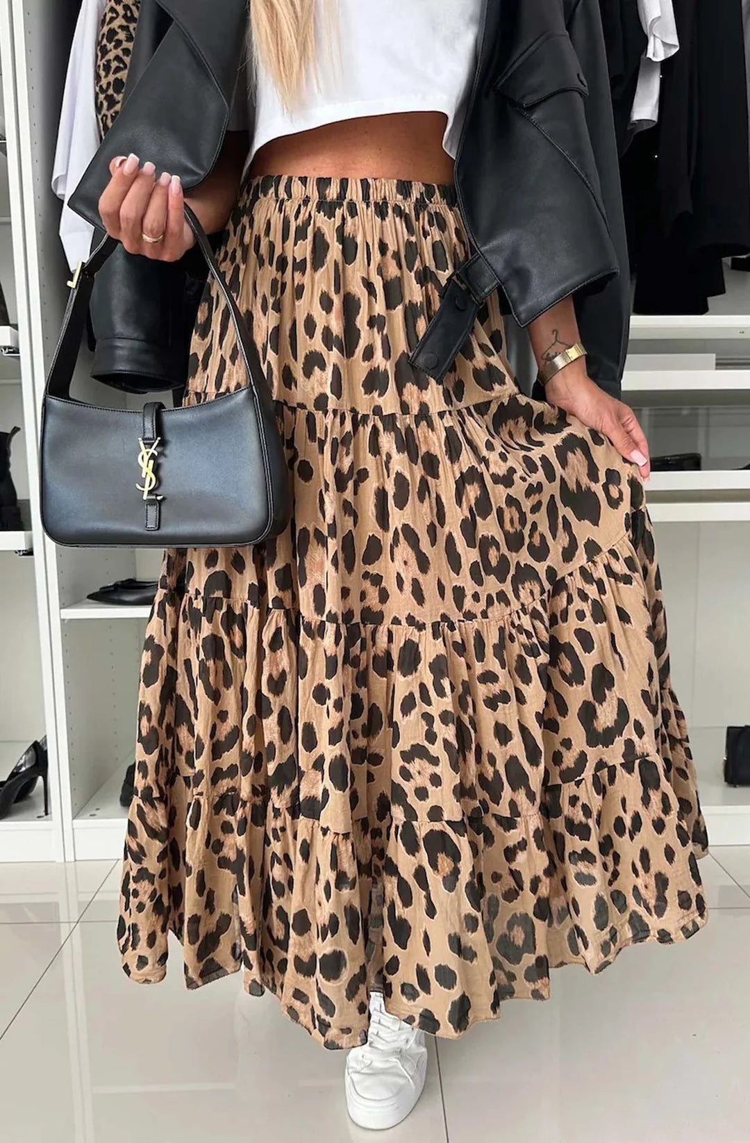 SANDRA LEOPARD PRINT TIERED MAXI SKIRT-BROWN