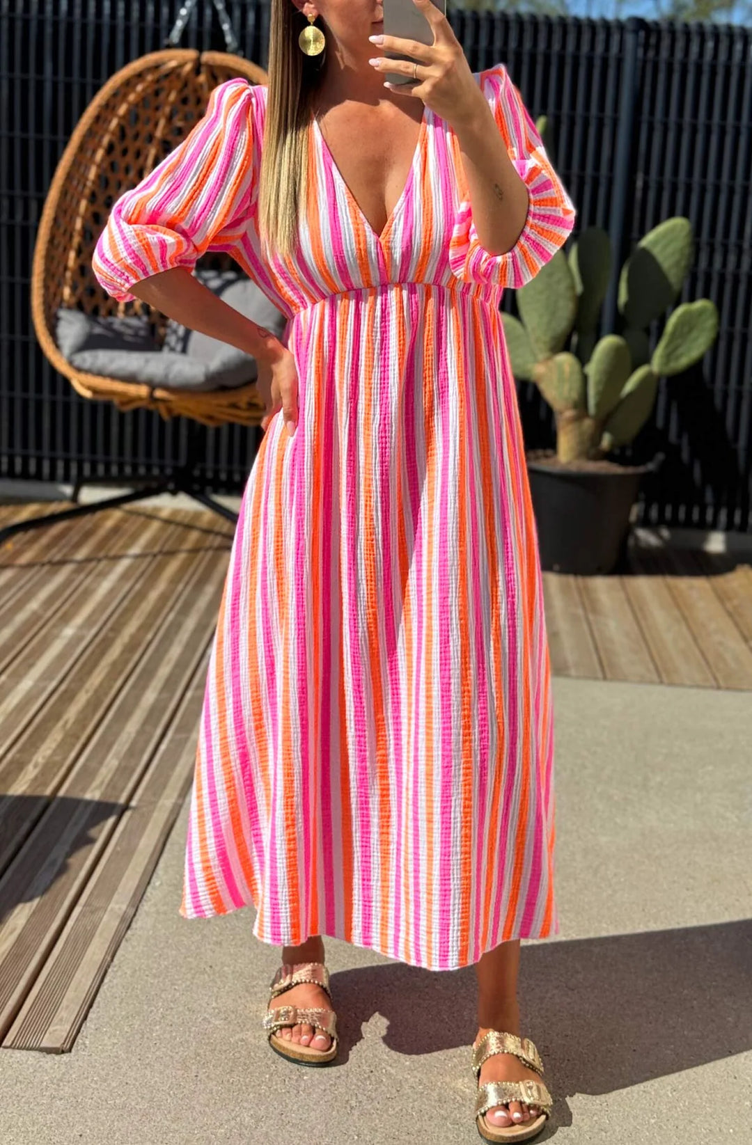 SILVIA STRIPED COTTON GAUZE STYLE MIDAXI DRESS-MULTI
