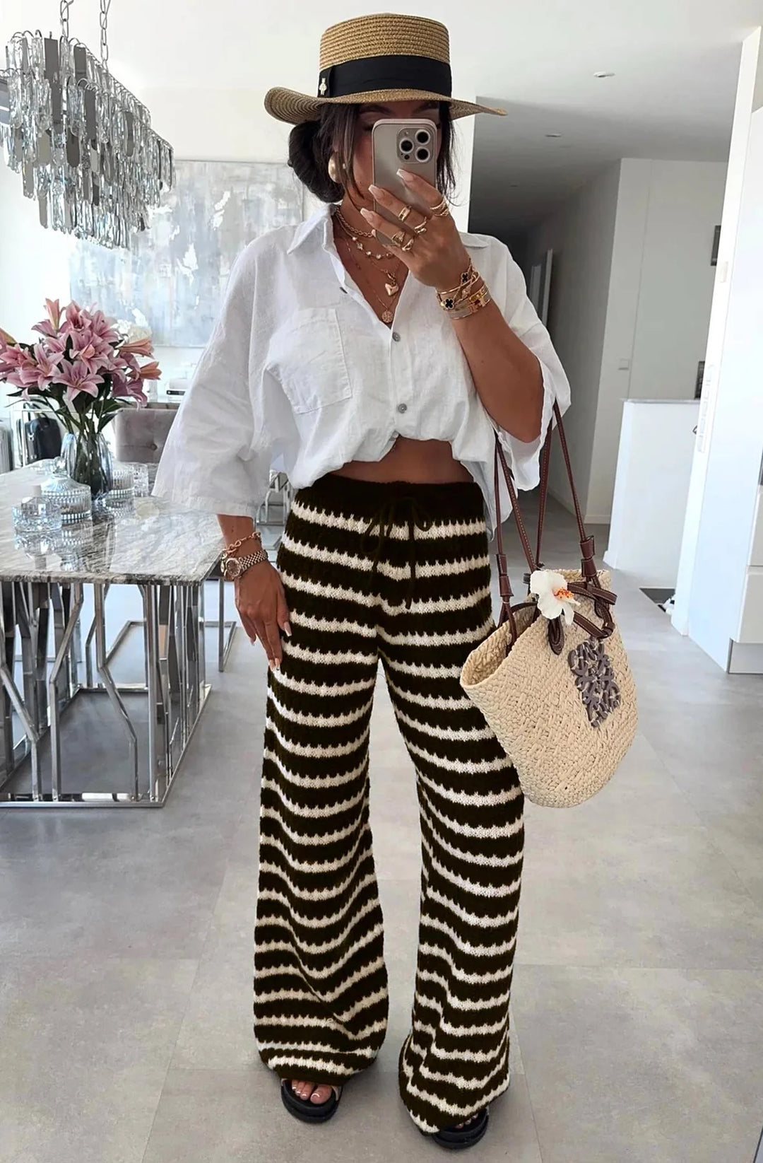 SIMONE STRIPED KNITTED WIDE LEG TROUSERS-BROWN
