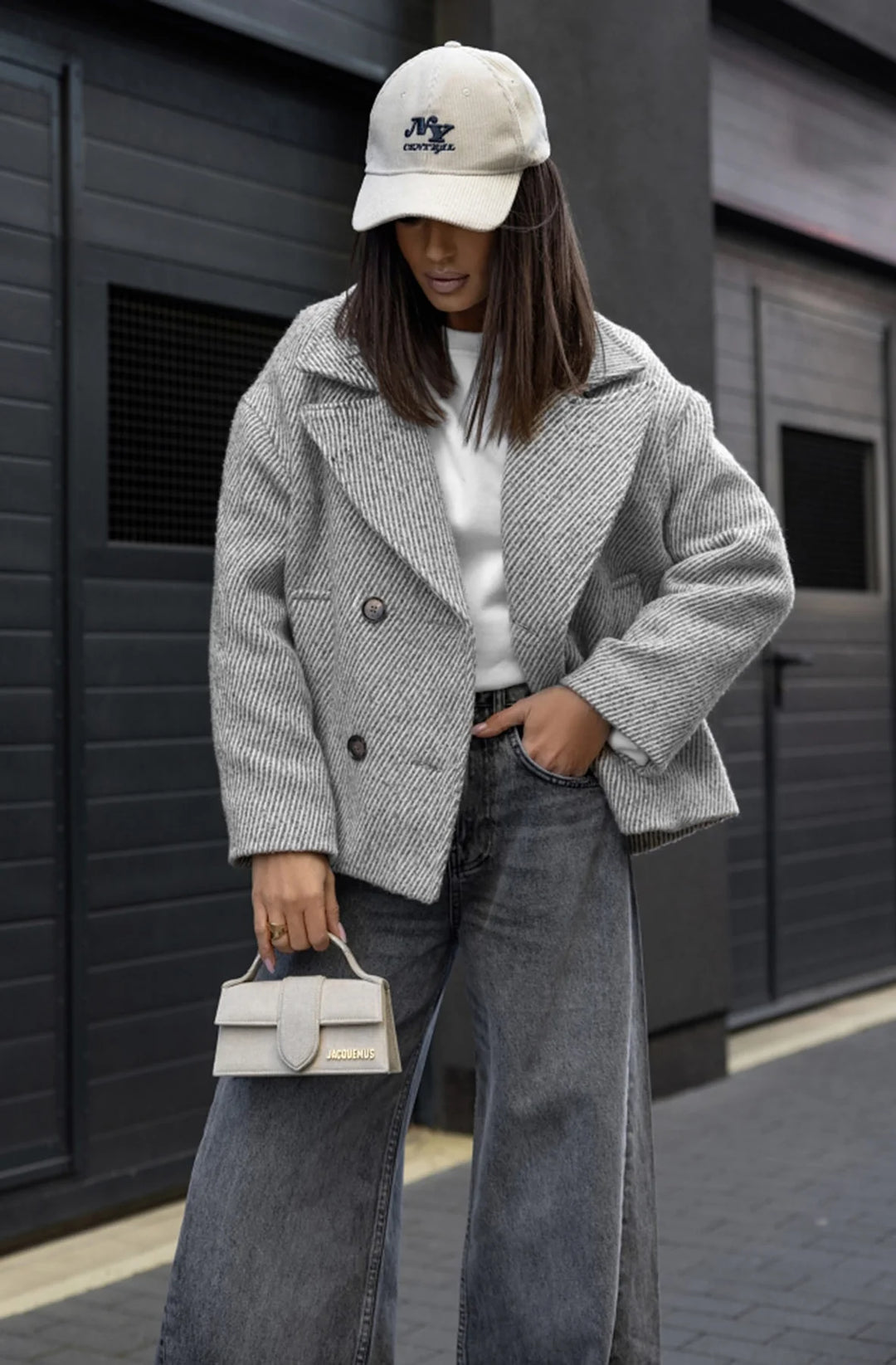 STELLA STRIPED OVERSIZED COLLAR COAT-GREY