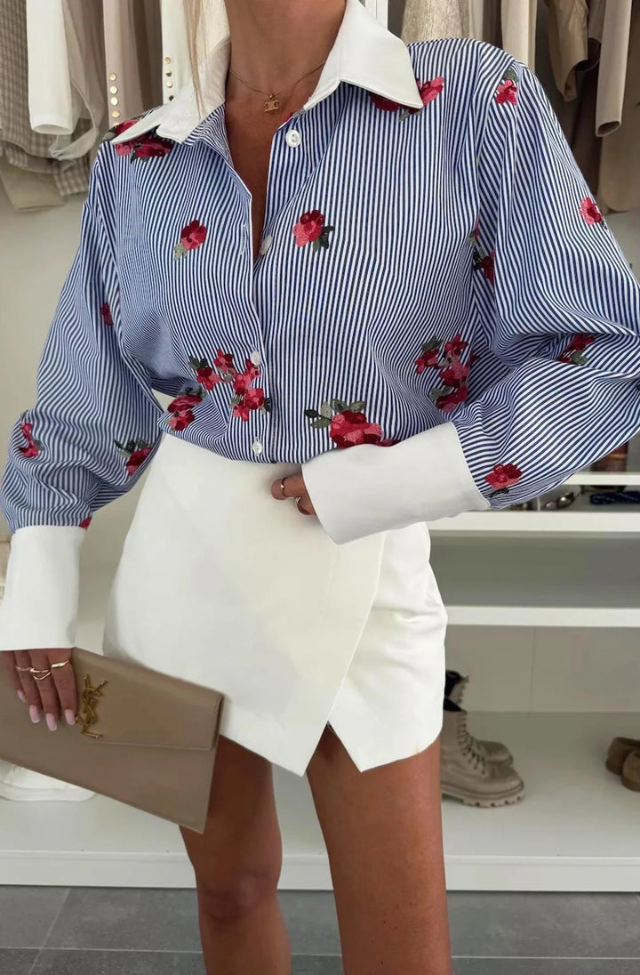 SUSAN FLORAL STRIPED BLOUSE SHIRT TOP-BLUE