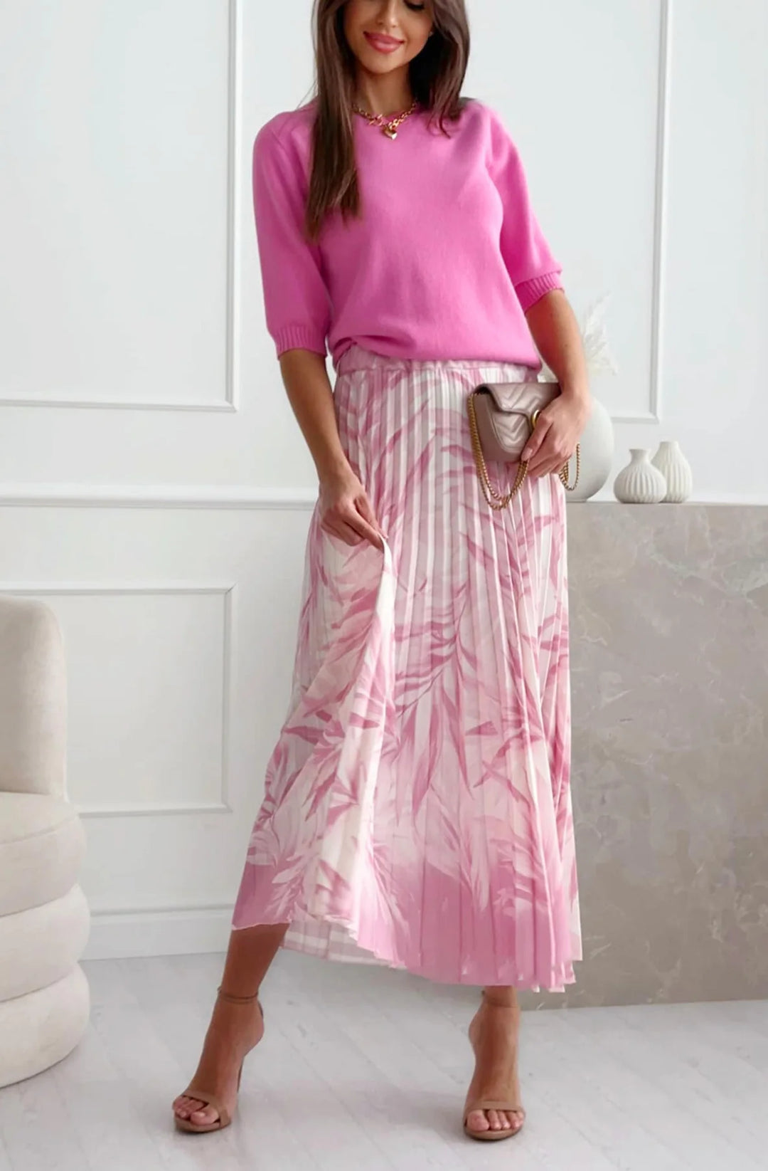 TARA PLEATED TROPICAL FLORAL MIDAXI SKIRT-PINK