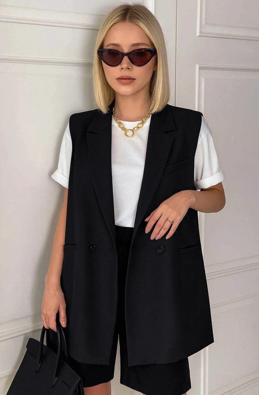TESS SLEEVELESS LONGLINE BLAZER VEST-BLACK