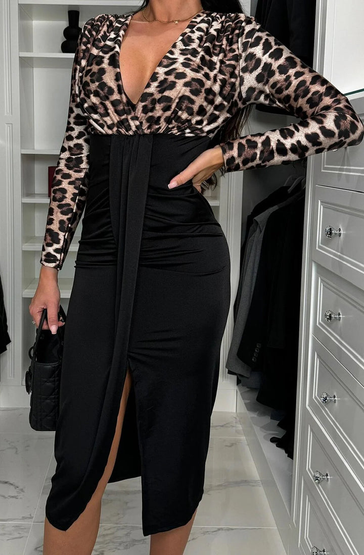 TIFFANY LEOPARD WRAP BODYCON MIDAXI DRESS-BLACK