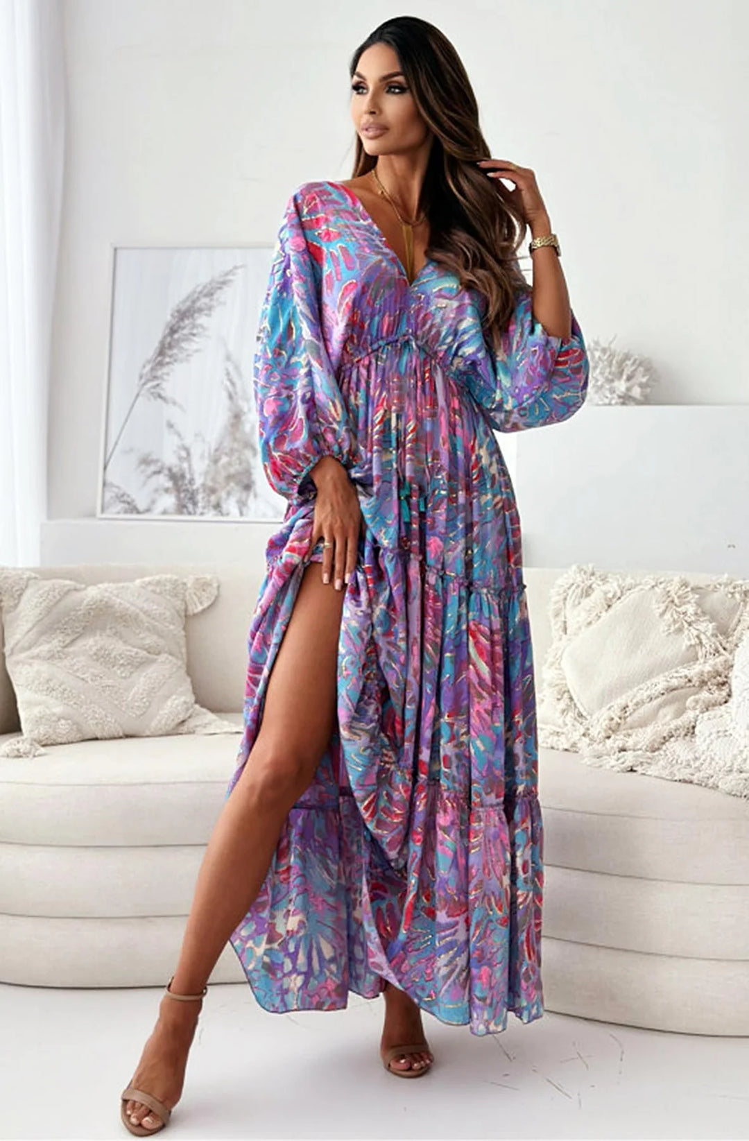 ZENDAYA ABSTRACT PRINT BATWING MAXI DRESS-PURPLE