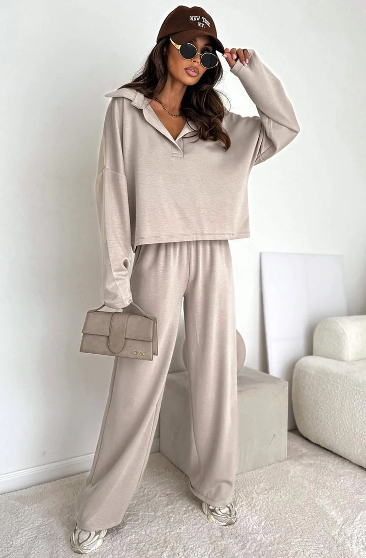 ZUMA COLLARED TWO PIECE CO-ORD LOUNGEWEAR SET-STONE