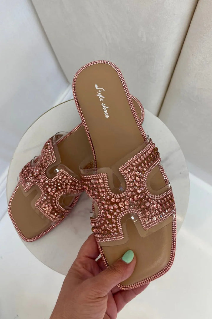 PINK CLEAR DIAMANTE STRAP DESIGNER FLAT SLIDER