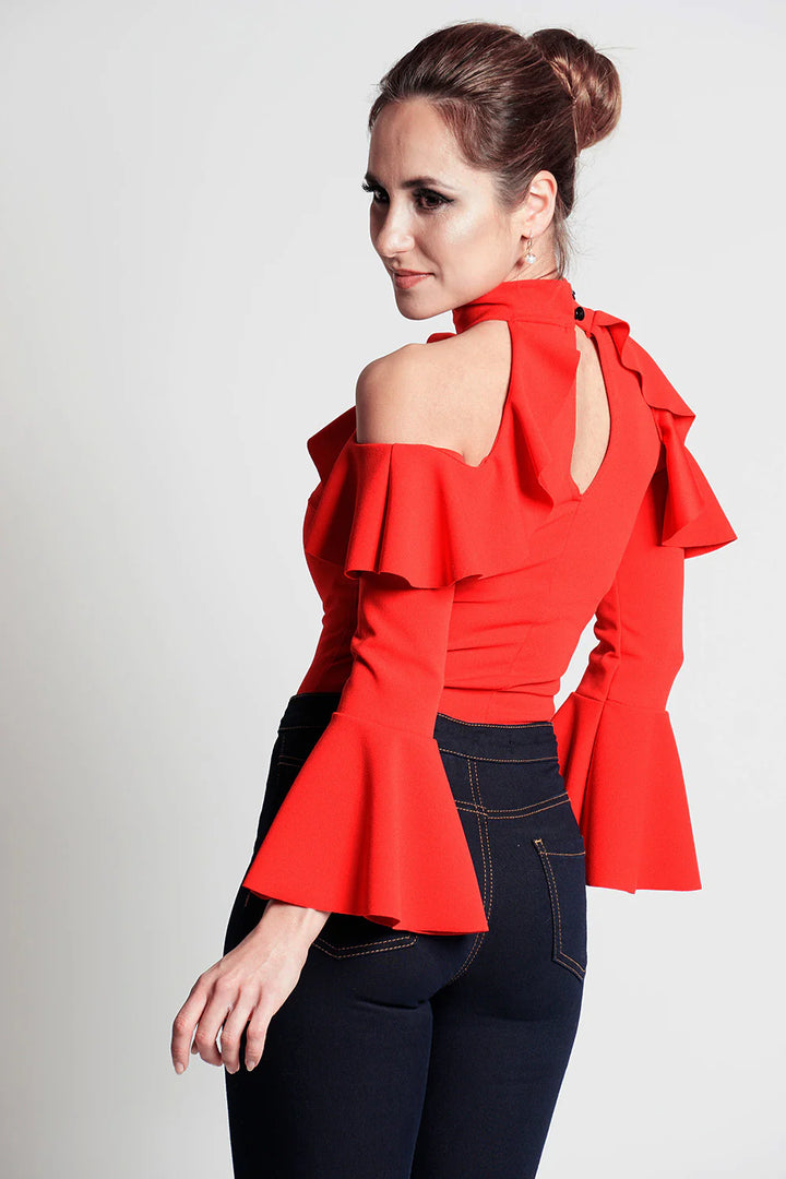 DARIA FRILL OVERLAY BODYSUIT-RED