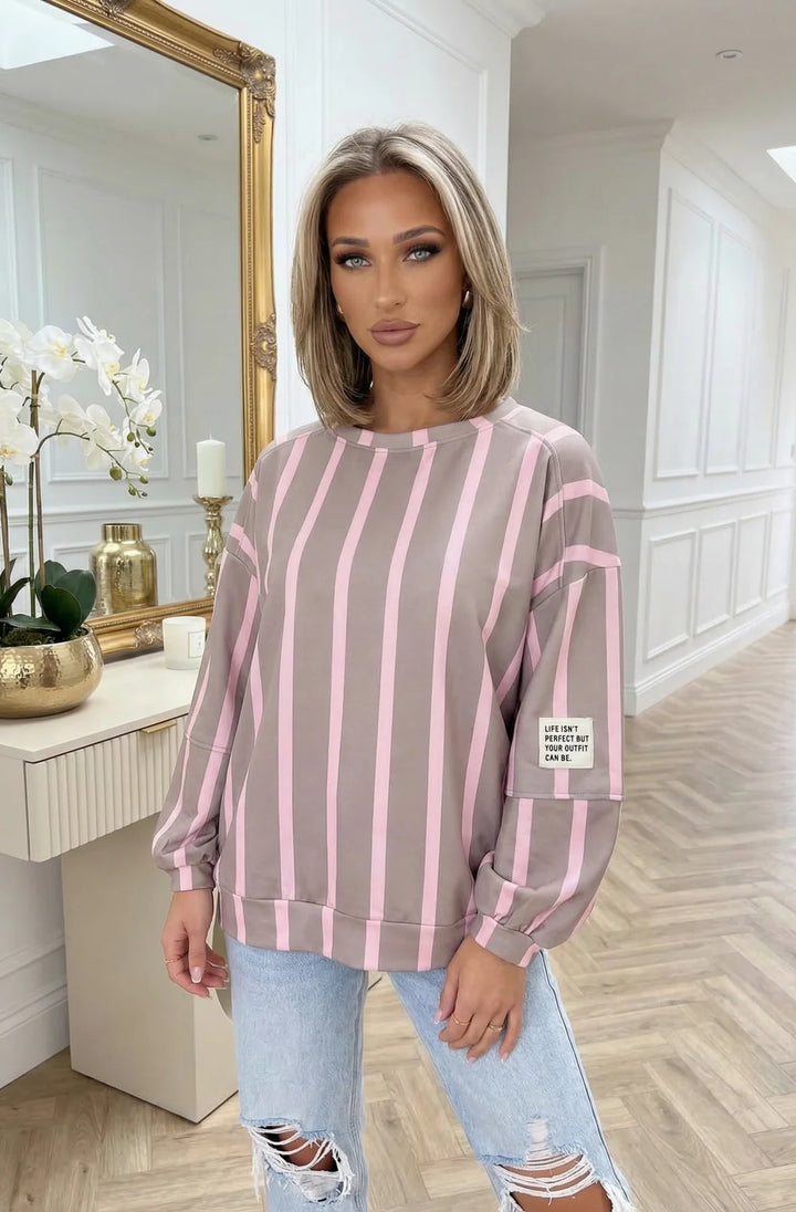 Maisie Oversized Stripe Balloon Sleeve Sweatshirt Top-Grey