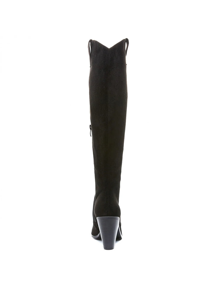 BLACK SUEDE KNEE HIGH WESTERN METAL POINTED HEEL COWBOY BOOTS