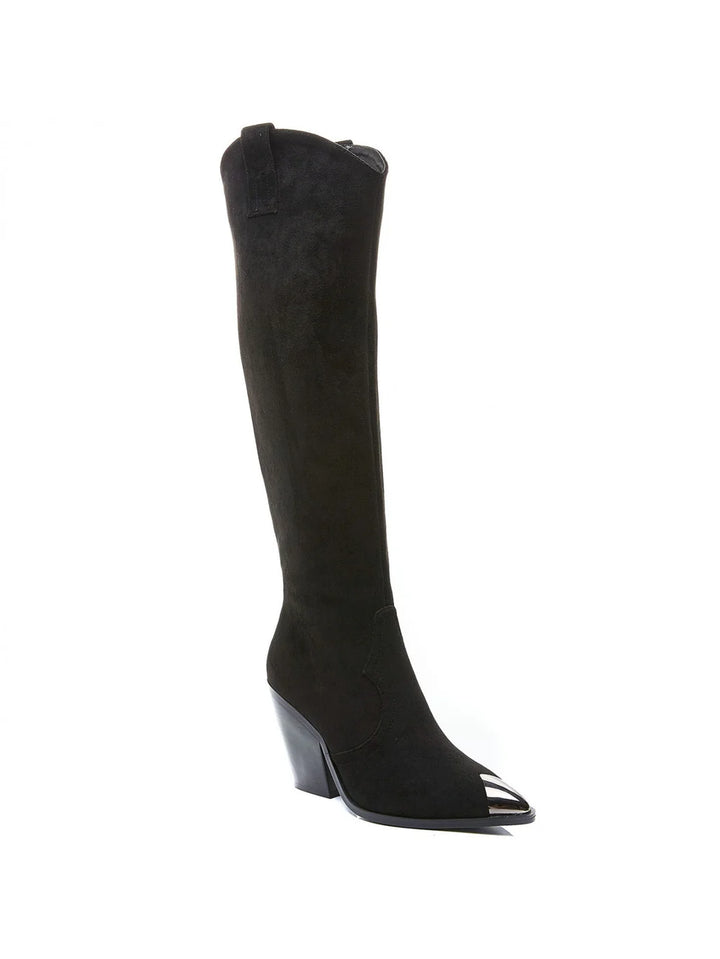 BLACK SUEDE KNEE HIGH WESTERN METAL POINTED HEEL COWBOY BOOTS
