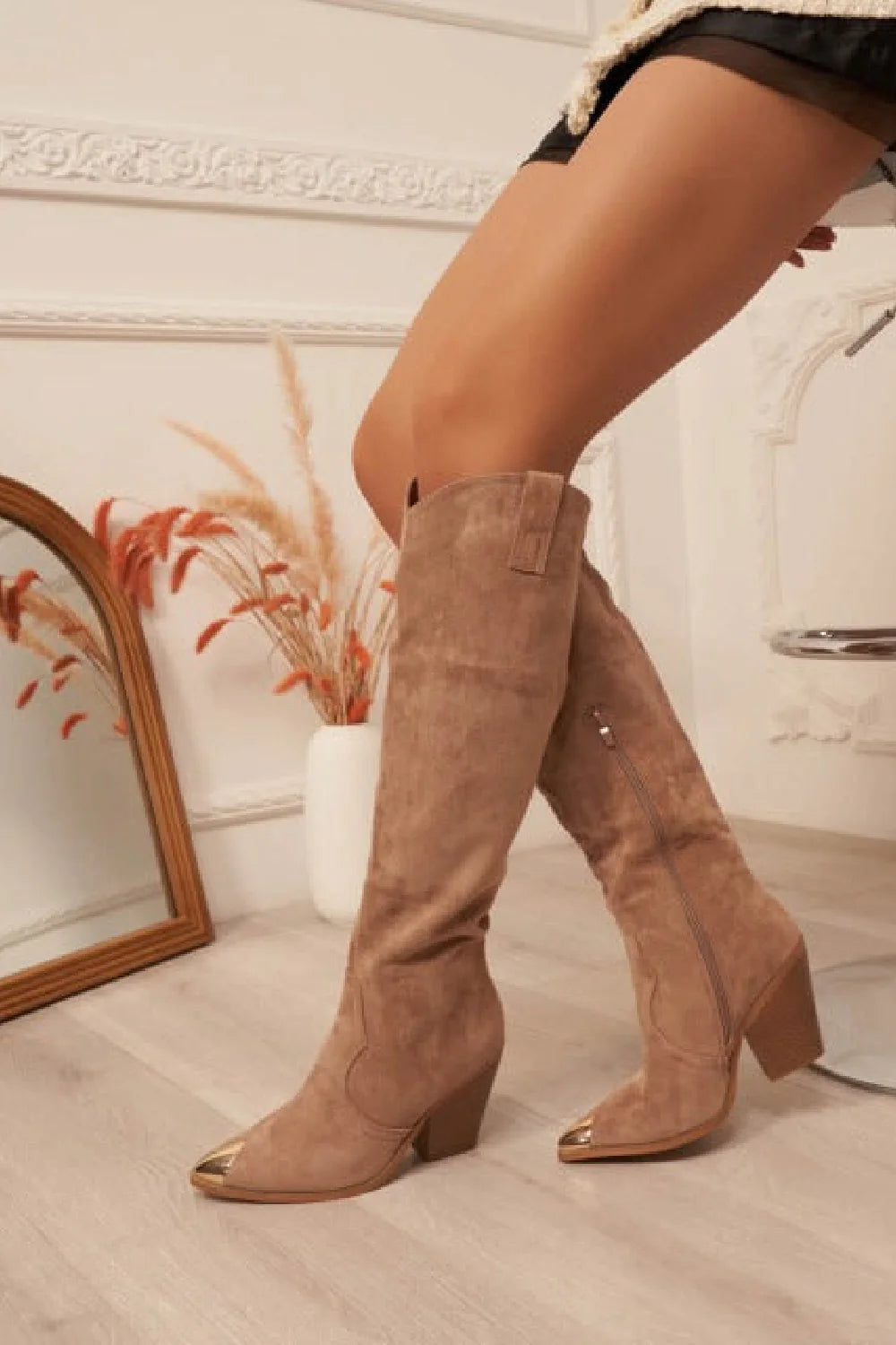 KHAKI SUEDE KNEE HIGH WESTERN METAL POINTED HEEL COWBOY BOOTS