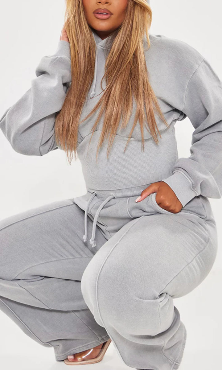 High Waist Crop Hooded Lounge set Acid Wash