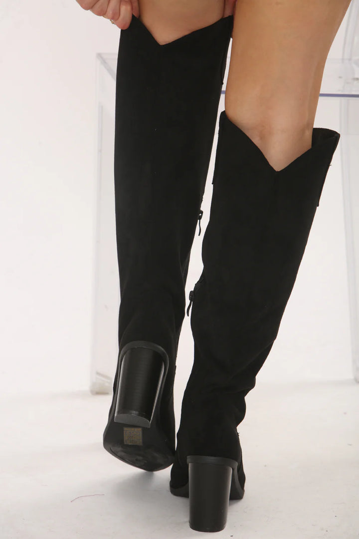 Knee High Black Suede Cowboy Block Heel Boot