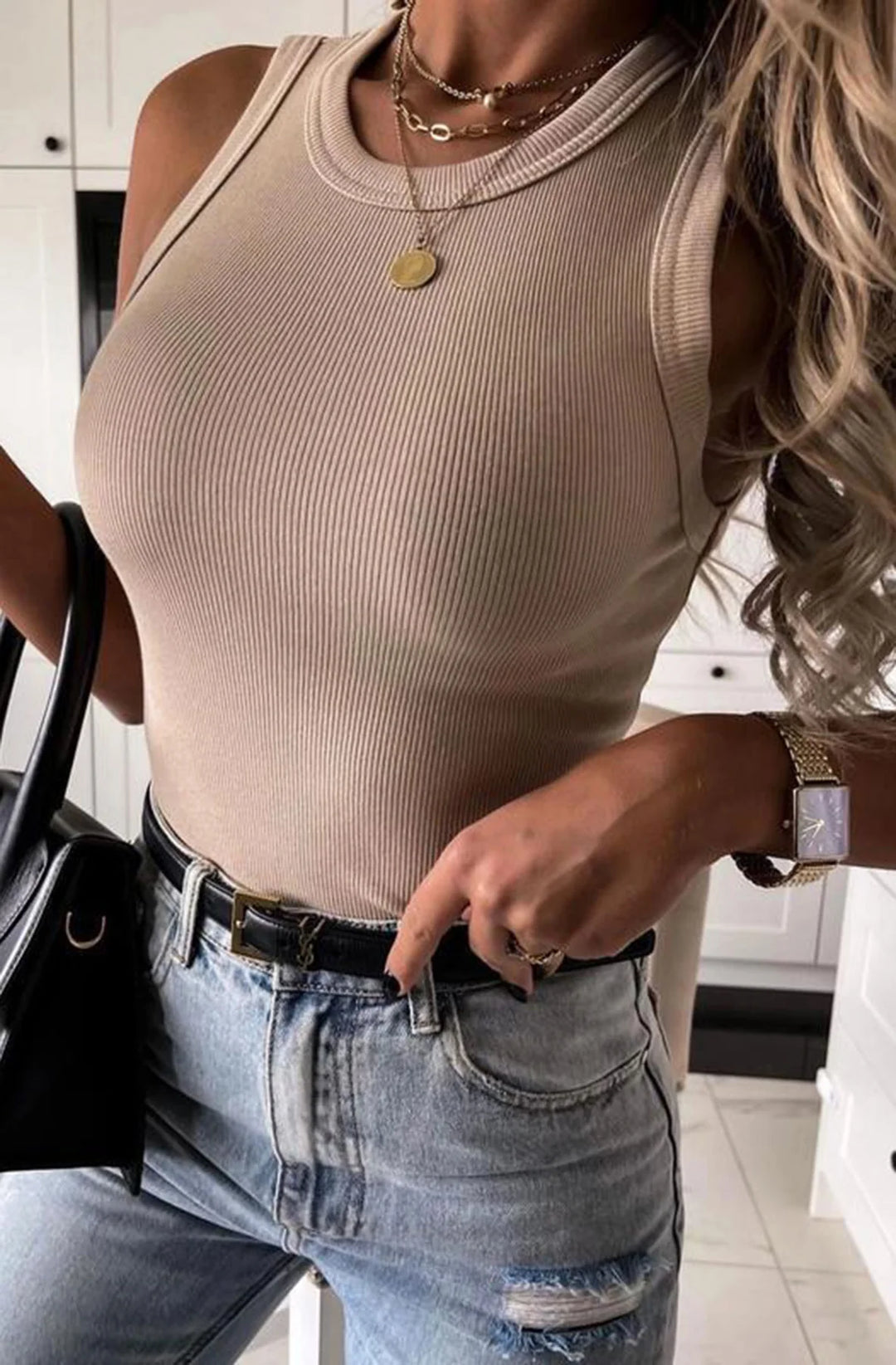 ABBY RIBBED VEST TOP-STONE