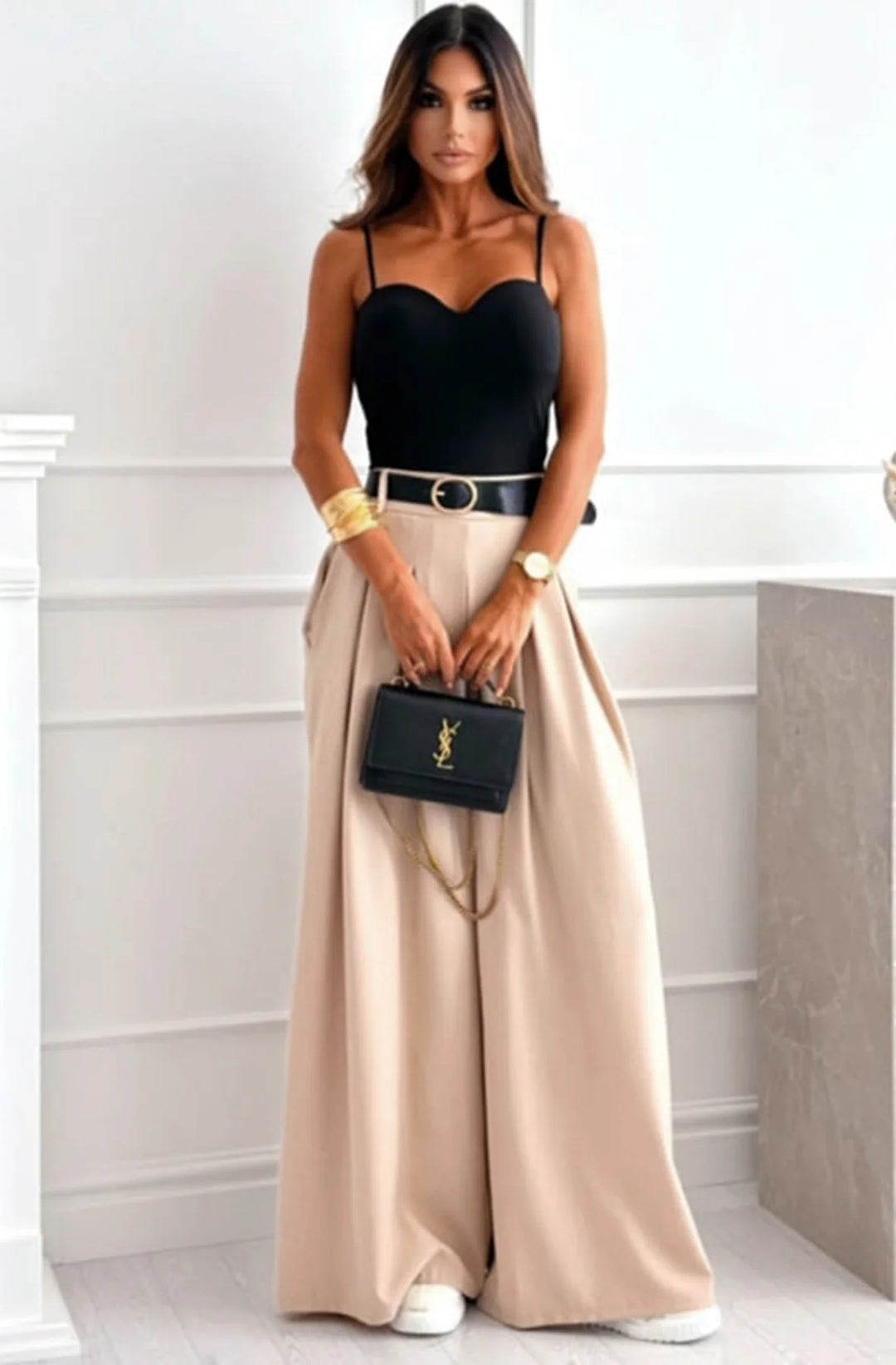 ALESSIA PALAZZO WIDE LEG BELTED TROUSERS-STONE