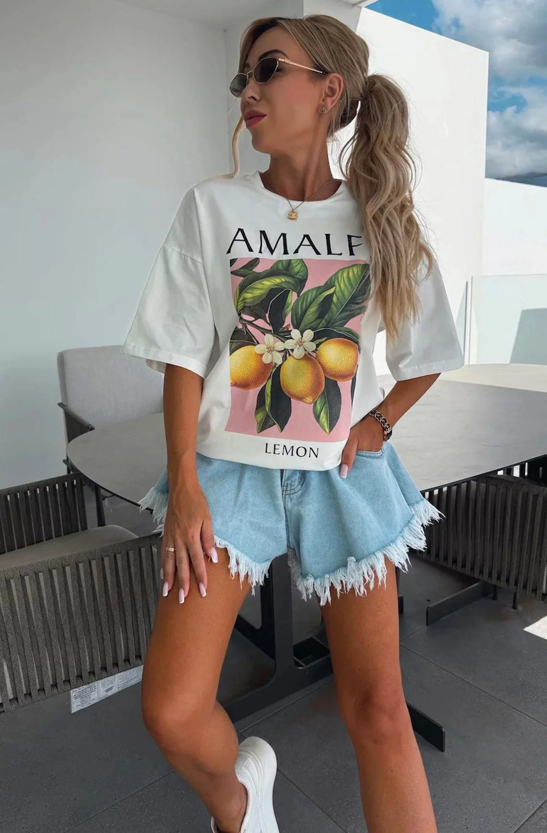 Amalfi' Lemon Graphic Printed T-Shirt Top-Ivory