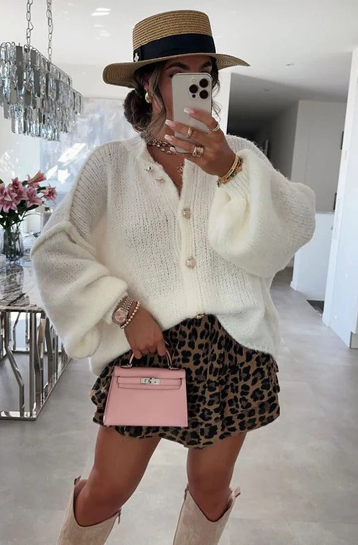 AMARA OVERSIZED GOLD BUTTON CARDIGAN-IVORY