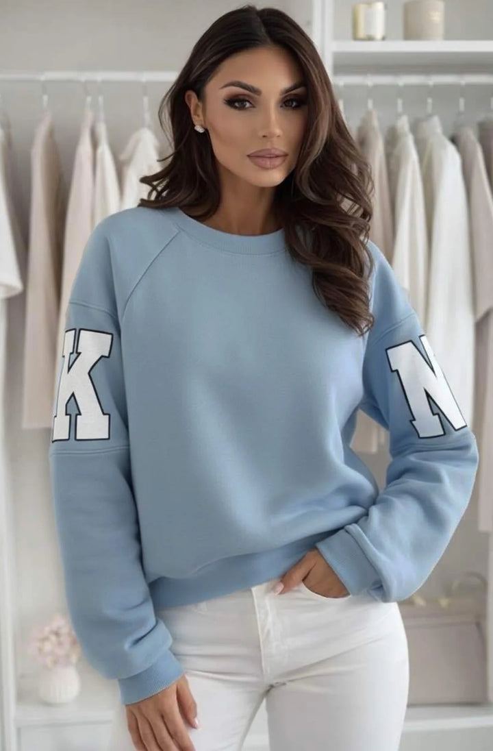 Amber ‘RKNE’ Oversized Raglan Letter Sleeve Sweatshirt Top-Blue
