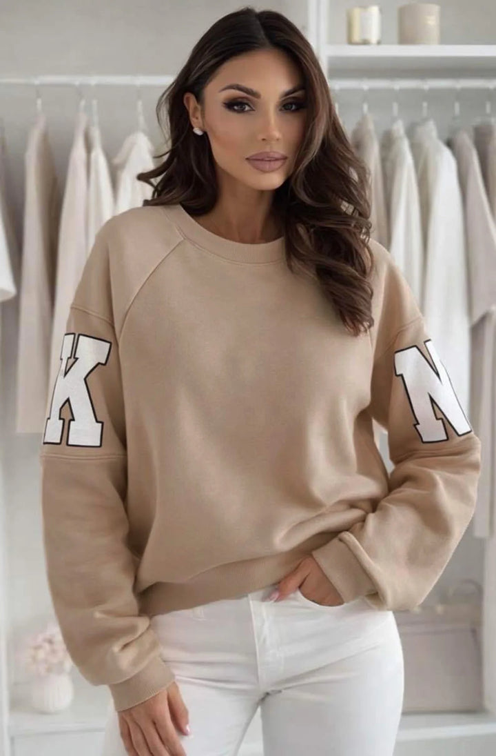 Amber ‘RKNE’ Oversized Raglan Letter Sleeve Sweatshirt Top-Stone
