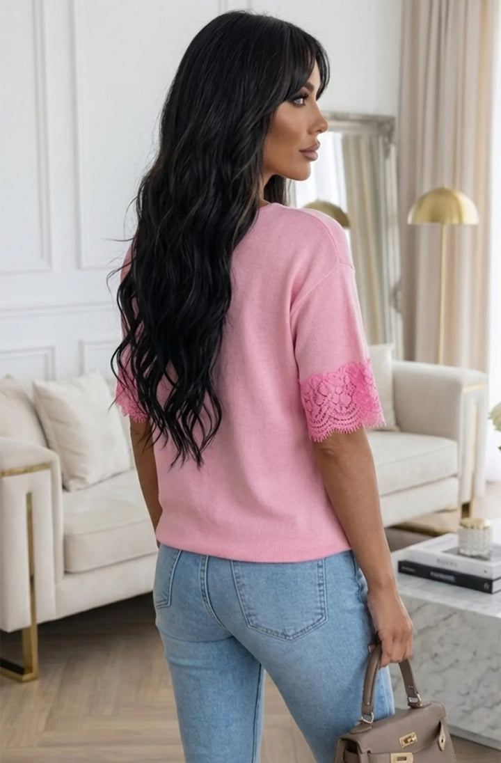 Amina Lightweight V-Neck Lace Sleeve Knit Top-Baby Pink