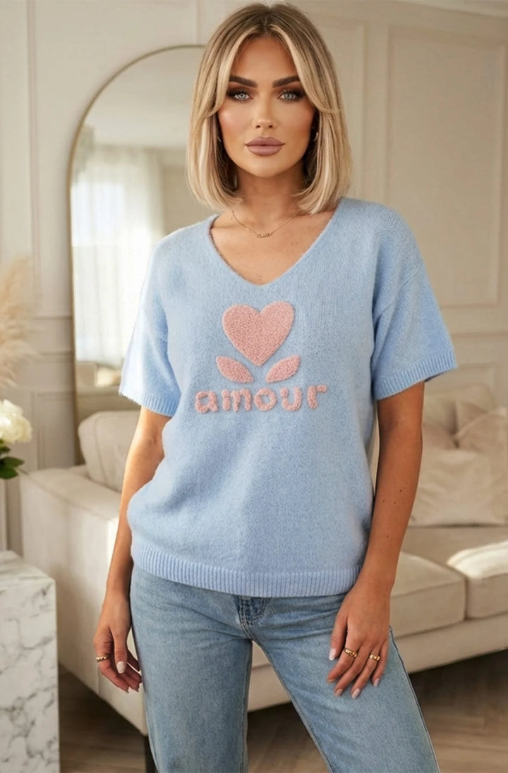 Amour ❤️’ Alpaca Blend V-Neck Light Knitted Jumper Sweater-Blue