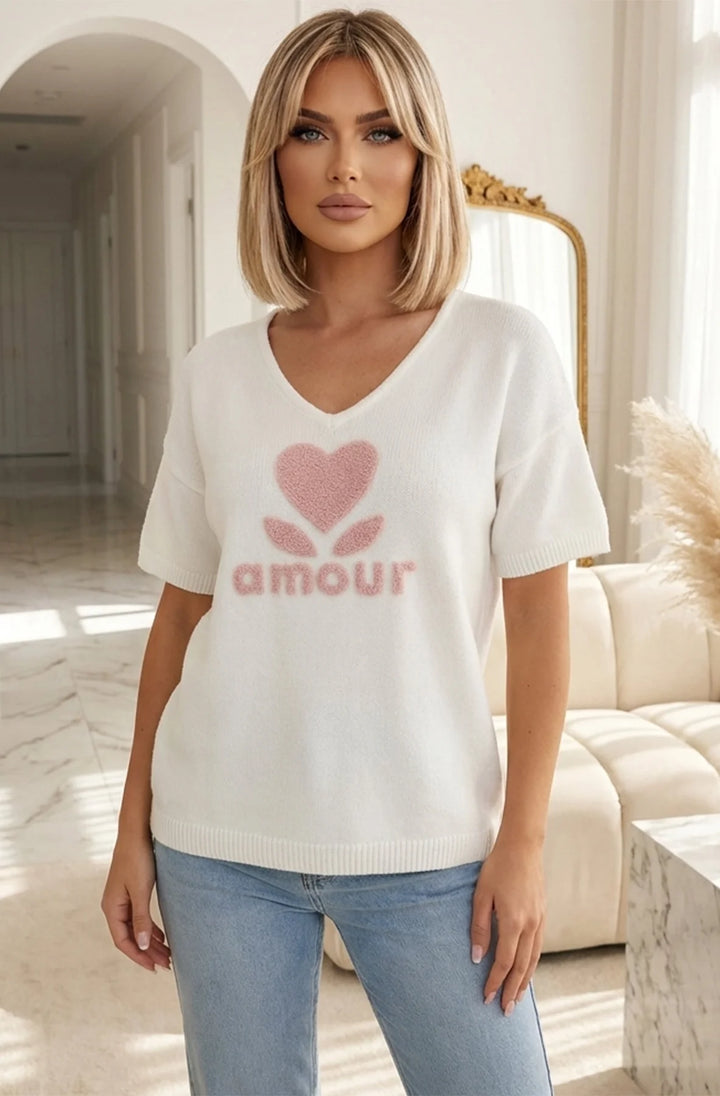 ‘Amour ❤️’ Alpaca Blend V-Neck Light Knitted Jumper Sweater-Ivory