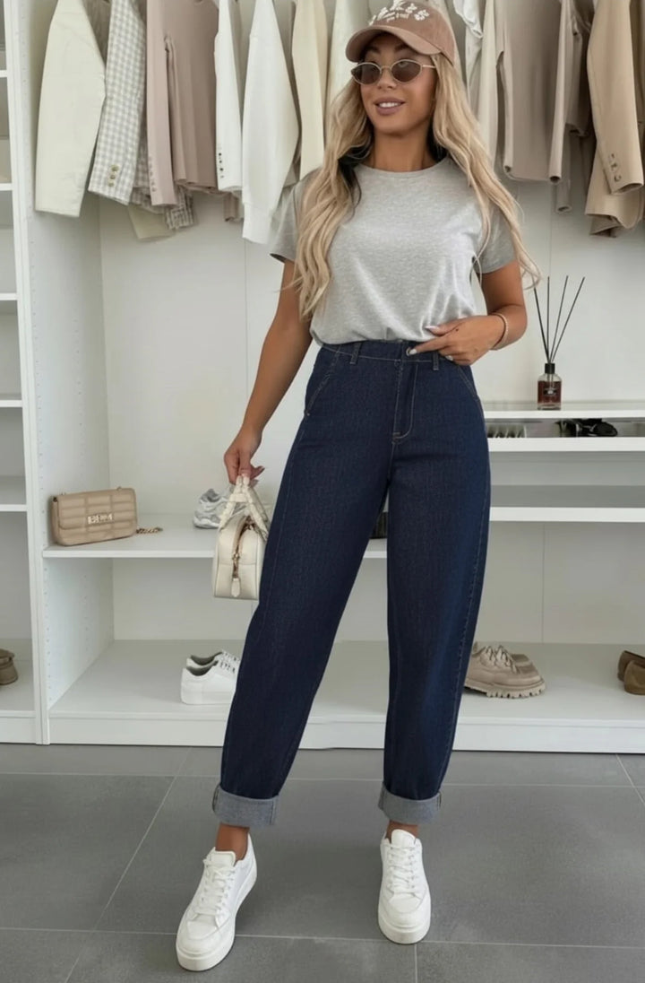 Auri High Rise Balloon Leg Denim Jeans-Dark Blue