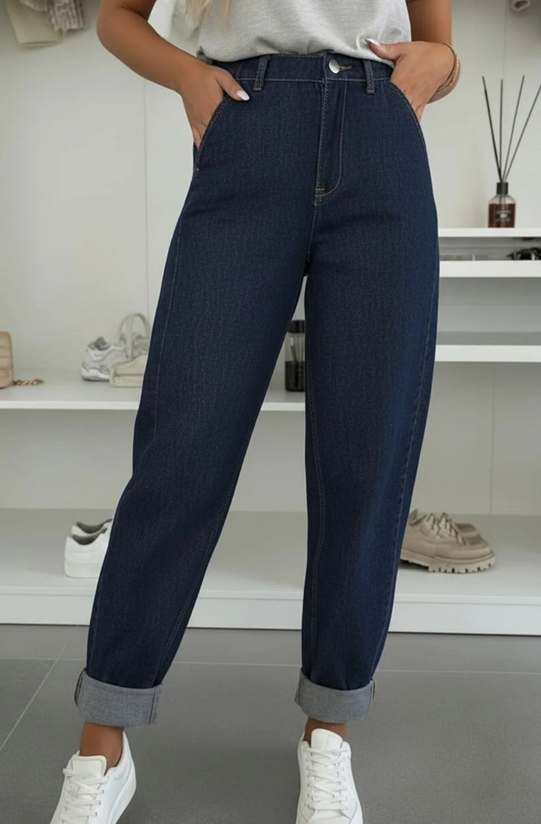 Auri High Rise Balloon Leg Denim Jeans-Dark Blue